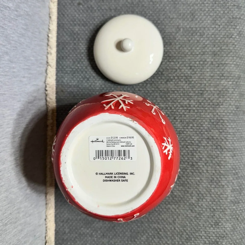 Hallmark Snowman Merry Days Red Ceramic Holiday Cookie Jar Snowflake Christmas